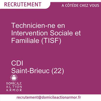 Technicien-ne en Intervention Sociale et Familiale(H/F) CDI à temps complet >>Poste à pourvoir immédiatement